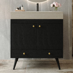 Contemporary Free-standing Bathroom Vanity with Faux Marble Top & Ceramic Sink, 30" Double Door Storage Cabinet, Waterproof Engineered Wood