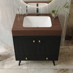 Contemporary Free-standing Bathroom Vanity with Faux Marble Top & Ceramic Sink, 30" Double Door Storage Cabinet, Waterproof Engineered Wood