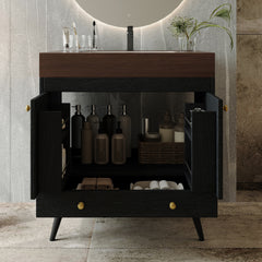 Contemporary Free-standing Bathroom Vanity with Faux Marble Top & Ceramic Sink, 30" Double Door Storage Cabinet, Waterproof Engineered Wood