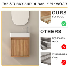 16" Small Bathroom Vanity Wall Mounted,Small Acacia Solid Wood Bathroom Vanity with White SMC Resin Basin, Modern Bathroom Vanity with Soft-Close Door