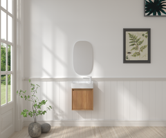 16" Small Bathroom Vanity Wall Mounted,Small Acacia Solid Wood Bathroom Vanity with White SMC Resin Basin, Modern Bathroom Vanity with Soft-Close Door