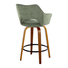 Mustang 26" Contemporary Fixed-Height Counter Stool with Swivel in Walnut Wood and Green Fabric with Round Black Metal Footrest by LumiSource - Set of 2