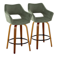 Mustang 26" Contemporary Fixed-Height Counter Stool with Swivel in Walnut Wood and Green Fabric with Round Black Metal Footrest by LumiSource - Set of 2