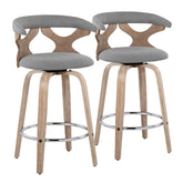 Gardenia 26" Contemporary Fixed-Height Counter Stool with Swivel in White Washed Wood and Grey Fabric with Round Chrome Metal Footrest by LumiSource - Set of 2