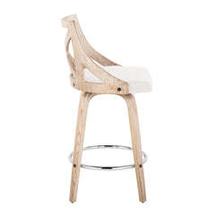 Charlotte 26" Farmhouse Fixed-Height Counter Stool with Swivel in White Washed Wood, Cream Fabric and Round Chrome Metal Footrest by LumiSource - Set of 2