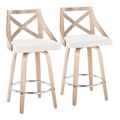 Charlotte 26" Farmhouse Fixed-Height Counter Stool with Swivel in White Washed Wood, Cream Fabric and Round Chrome Metal Footrest by LumiSource - Set of 2