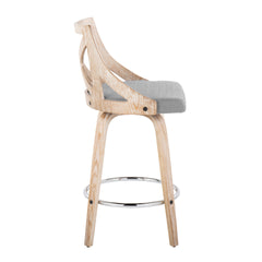 Charlotte 26" Farmhouse Fixed-Height Counter Stool with Swivel in White Washed Wood, Light Grey Fabric with Round Chrome Metal Footrest by LumiSource - Set of 2