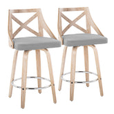 Charlotte 26" Farmhouse Fixed-Height Counter Stool with Swivel in White Washed Wood, Light Grey Fabric with Round Chrome Metal Footrest by LumiSource - Set of 2