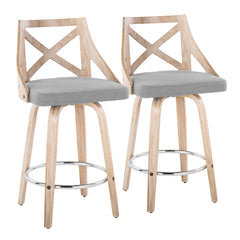 Charlotte 26" Farmhouse Fixed-Height Counter Stool with Swivel in White Washed Wood, Light Grey Fabric with Round Chrome Metal Footrest by LumiSource - Set of 2