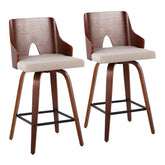 Ariana 26" Mid-Century Modern Counter Stool in Walnut and Beige Fabric by LumiSource - Set of 2