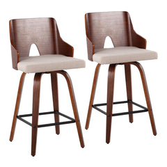 Ariana 26" Mid-Century Modern Counter Stool in Walnut and Beige Fabric by LumiSource - Set of 2