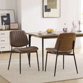 Dining Chairs Set of 2 Mid Century Modern Retro Faux Leather Chair with Walnut Bentwood Back Upholstered Seat Metal Legs Adjustable Foot for Kitchen Dining Room Chairs(Brown PU),SW1849BR