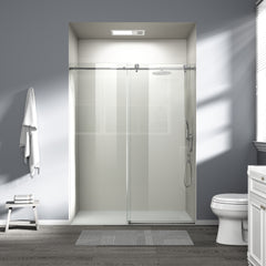 56" - 60" W x 76" H Single Sliding Shower Door, Frameless Bathroom Sliding Door with 1/4" (6mm) Tempered Glass for Walk-in Shower, Brushed Nickel CM-25D06-60BNX