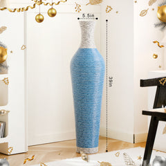 Hand-Woven PVC Rattan Floor Vase, 39 Inch Tall Blue and White Striped Decorative Vase, Farmhouse Coastal Style Vase for Living Room Entryway Decor (5.5in Diameter)