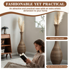 Hand-Woven PVC Rattan Floor Vase, 39.37 Inch Tall Decorative Vase for Home Decor, BeigeGreyTwo-Tone Farmhouse Vase for Living Room, Bohemian & Coastal Style