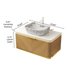 DIPA 36" Bathroom Vanity&Sink, Floating Plywood Storage Cabinet, Twill Drawer with Handle&Sensor Light, Marble Pattern Ceramic Vessel Basin&Sintered Stone Top, Pre-assembled, Corolla Oak Woodgrain