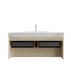 FRIGGA 48" Bathroom Vanity&Sink, Floating Plywood Storage Cabinet, Drawers&Shelf with Sensor Light, Ceramic Undermount Basin&Calacatta Gold Sintered Stone Top, Pre-assembled, Travertine Texture Finish