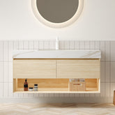 FRIGGA 48" Bathroom Vanity&Sink, Floating Plywood Storage Cabinet, Drawers&Shelf with Sensor Light, Ceramic Undermount Basin&Calacatta Gold Sintered Stone Top, Pre-assembled, Travertine Texture Finish