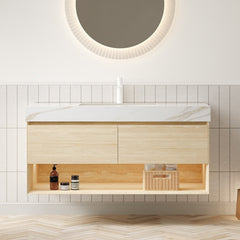 FRIGGA 48" Bathroom Vanity&Sink, Floating Plywood Storage Cabinet, Drawers&Shelf with Sensor Light, Ceramic Undermount Basin&Calacatta Gold Sintered Stone Top, Pre-assembled, Travertine Texture Finish