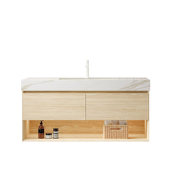 FRIGGA 48" Bathroom Vanity&Sink, Floating Plywood Storage Cabinet, Drawers&Shelf with Sensor Light, Ceramic Undermount Basin&Calacatta Gold Sintered Stone Top, Pre-assembled, Travertine Texture Finish