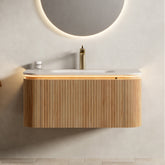 DIEN 36'' Bathroom Vanity&Sink, Floating Curved Edges Striped Cabinet with Drawer, Sensor Light, Travertine-Pattern Sintered Stone Hot-bent Integrated Basin, Pre-assembled, Natural Woodgrain Color