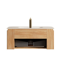 DIEN 36'' Bathroom Vanity&Sink, Floating Curved Edges Striped Cabinet with Drawer, Sensor Light, Travertine-Pattern Sintered Stone Hot-bent Integrated Basin, Pre-assembled, Natural Woodgrain Color