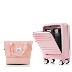 Front Opening 20-Inch Carry-On Luggage with Expandable Travel Bag Set, ABS Hard Shell Two-piece suitcase set with USB Port , Cup Holder, pink