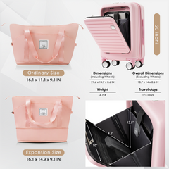 Front Opening 20-Inch Carry-On Luggage with Expandable Travel Bag Set, ABS Hard Shell Two-piece suitcase set with USB Port , Cup Holder, pink
