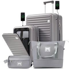 4-Piece Luggage Set with USB Charging Ports - 20in Carry-On (Front-Opening for Laptop) 28in Checked Suitcase with TSA Lock Travel Duffel Bag Wet-Dry Toiletry Bag, grey blue