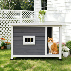 Outdoor Gray Cat House with Waterproof Roof, Ventilated Windows, and Sturdy Metal Support – Spacious & Stylish Pet Shelter for Cats