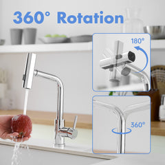 360° Rotation Pull-Down Kitchen Faucet with 3 Spray Modes -Chrome /Stainless Steel High-Arc Sink Faucet