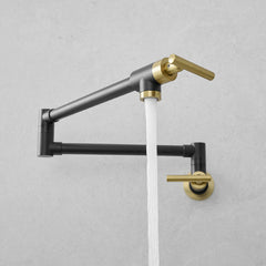 Brass Made Pot Filler, Black & Gold Pot Filler Faucet, Wall Mount Folding Kitchen Sink Pot Filler Faucets, Retractable Single Hole Pot Filler with Two Handles for Sink Stove