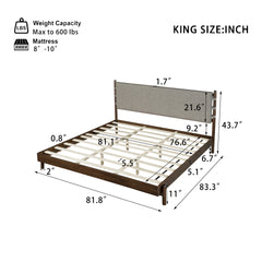 Premium Rubber Wood Platform Bed Frame, King Bed Frame with Headboard Included, Mid Century Modern Bed With Walnut+Light Grey Color
