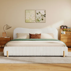 Sleek White Plush Upholstered Bed with Wavy Headboard & Vertical Stitching, King