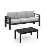 2 Pieces Outdoor Patio Set, All-Weather 75” 3-Seat Metal Patio Sofa Couch with Thick Light Gray Cushions, Black Frame and 43” Coffee Table