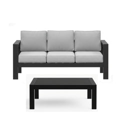 2 Pieces Outdoor Patio Set, All-Weather 75” 3-Seat Metal Patio Sofa Couch with Thick Light Gray Cushions, Black Frame and 43” Coffee Table