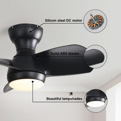 23 Inch Bedroom Ceiling Fan With 3 ABS Blades Remote Control DC Motor Black With 18W Led Light