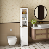 Tall Bathroom Storage Cabinet with Reversible Door, Freestanding Linen Tower with Open Shelves and Enclosed Cabinet, Narrow Floor Cabinet Organizer for Bathroom, Laundry Room or Small Spaces – White