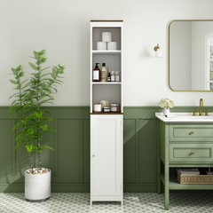 Tall Bathroom Storage Cabinet with Reversible Door, Freestanding Linen Tower with Open Shelves and Enclosed Cabinet, Narrow Floor Cabinet Organizer for Bathroom, Laundry Room or Small Spaces – White
