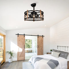 20'' Cage Ceiling Fan With Remote Control ,Quiet Motor Fan Light , Indoor Chandelier Ceiling Fan For Bedroom, Living room, Dinning Room, Kids Room--Matte Black (bulbs not included.)