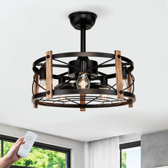 20'' Cage Ceiling Fan With Remote Control ,Quiet Motor Fan Light , Indoor Chandelier Ceiling Fan For Bedroom, Living room, Dinning Room, Kids Room--Matte Black (bulbs not included.)