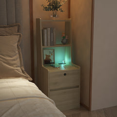 Nightstand with Charging Station, Smart Nightstand with Night Light, Modern Night Stand with Bookshelf, Bedside Tables with Storage Cabinet for Bedroom, Wood