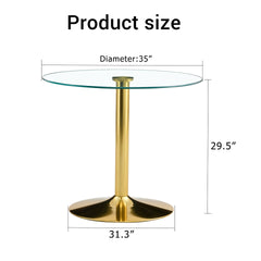 A 35-inch diameter glass top and a modern, minimalist round dining table with gold metal legs. Ideal for dining rooms, living rooms and meeting rooms.