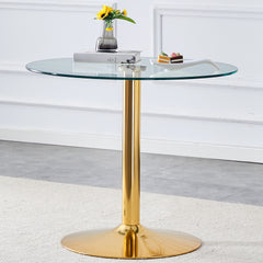 A 35-inch diameter glass top and a modern, minimalist round dining table with gold metal legs. Ideal for dining rooms, living rooms and meeting rooms.