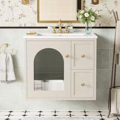 24" Bathroom Vanity Set Wall Mounted for Small Space, Bathroom Cabinet with Ceramic Sink, 2 Drawers and 1 Soft-Close Door