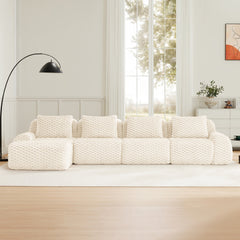 146" Modern L-Shaped Modular Sectional Sofa for Living Room,Flannelette Fabric,Oversized 4-Seater Couch,Deep Seat,Boneless sofa ,Movable Ottoman,Buckle connection,Anti-slip Design,No Assembly,Cream