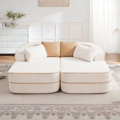 77.2" Teddy Fabric No Assembly 32D High Density sponge Boneless Sofa,Fluffy Comfy Couch with double Chaises,Sleeper sofa,Contrast color design,Symmetrical aesthetics,for Living Room,White