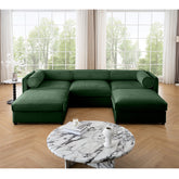 Elegant Green Chenille Sofa with Storage Seat and Ottoman, U-Shaped 3-Seater Cylindrical Backrest and Armrests, Contemporary 3-Seater Fabric Couch with Hidden Storage Compartment