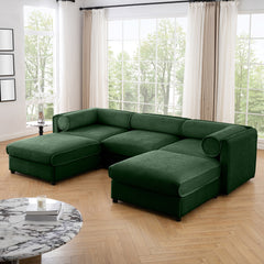 Elegant Green Chenille Sofa with Storage Seat and Ottoman, U-Shaped 3-Seater Cylindrical Backrest and Armrests, Contemporary 3-Seater Fabric Couch with Hidden Storage Compartment
