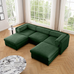 Elegant Green Chenille Sofa with Storage Seat and Ottoman, U-Shaped 3-Seater Cylindrical Backrest and Armrests, Contemporary 3-Seater Fabric Couch with Hidden Storage Compartment